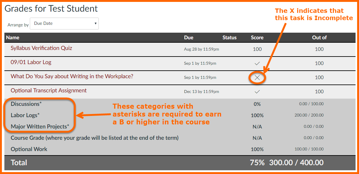 Screenshot of the Grades for an Example Student